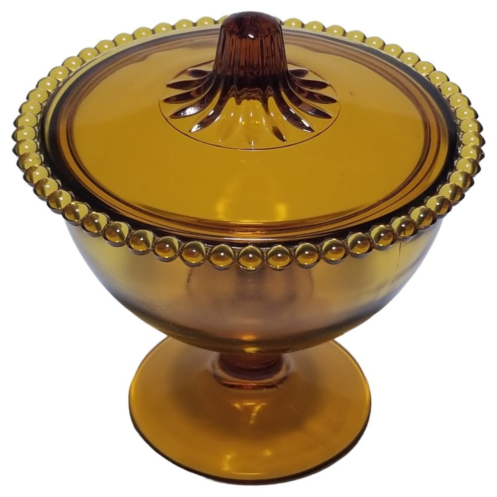 Retro Candlewick Serving Bowl Lidded Footed Amber Candy Dish Indiana Glass 1960s